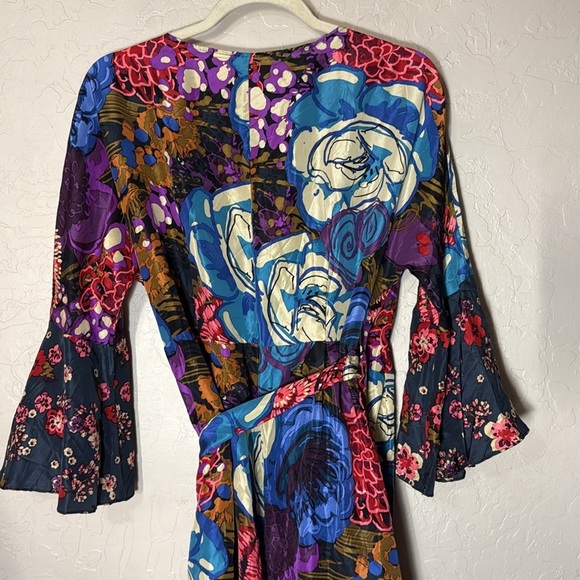Johny Was patchwork floral print 3/4 bell sleeve true wrap dress tulip skirt - Picture 9 of 10